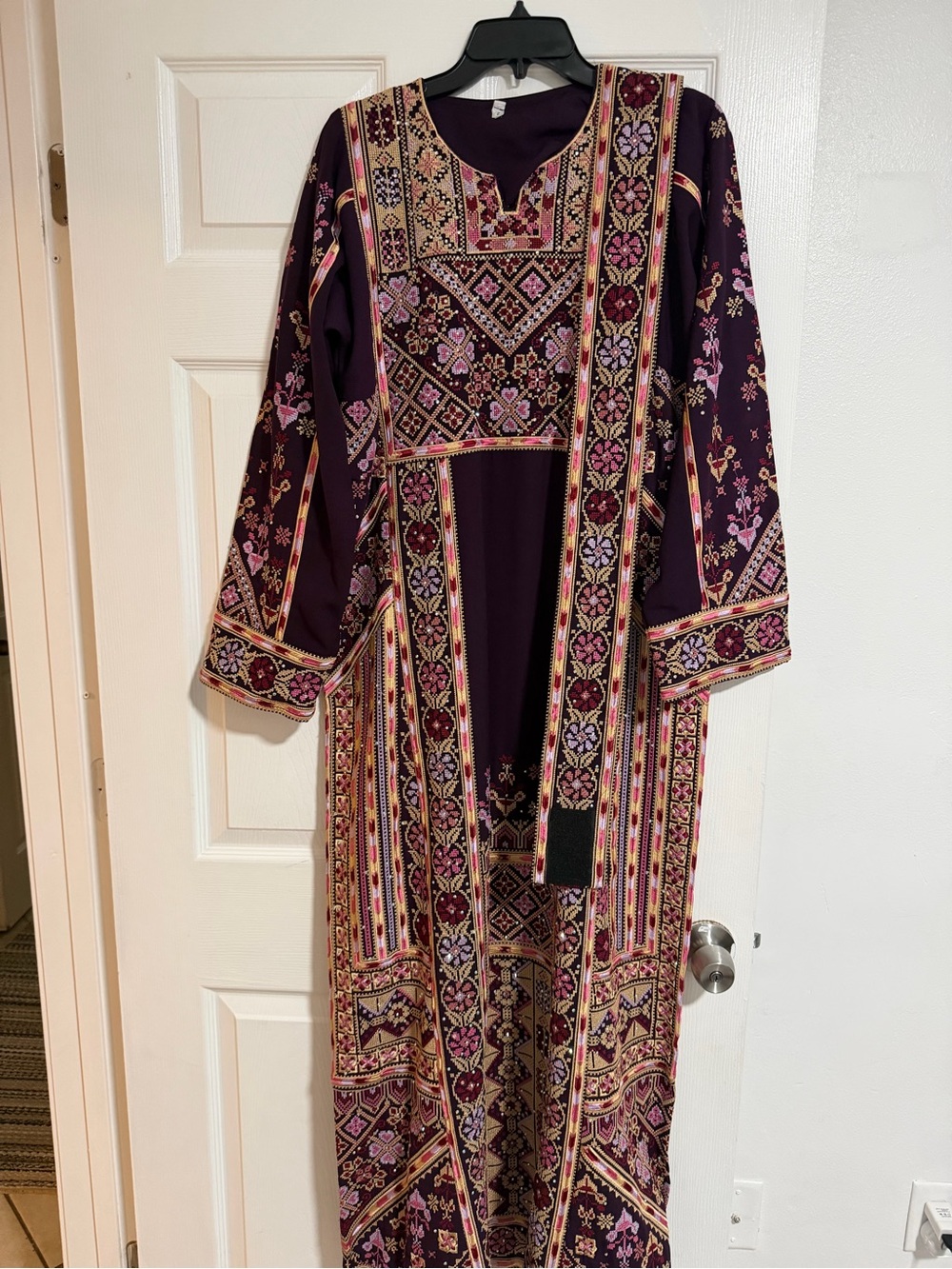 Embroidered Long Dress in Deep Purple with Floral Trim